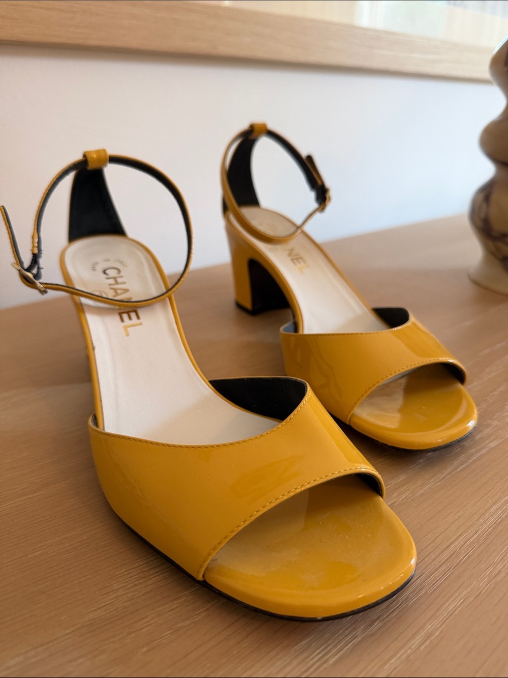 CHANEL Mustard Patent Leather Open-Toe Block Heel Sandals